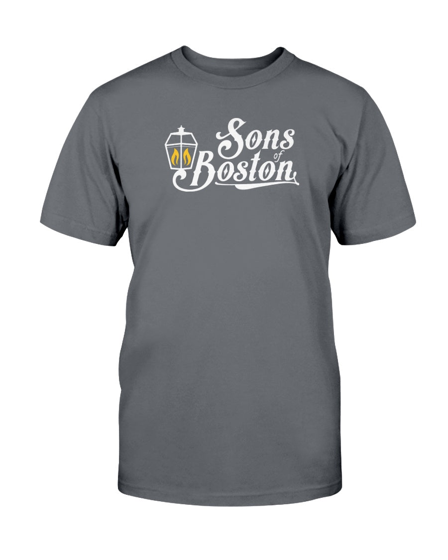 Charcoal grey cotton crewneck tee featuring a white Sons of Boston logo with a yellow lantern graphic.
