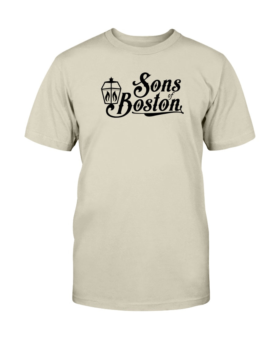 Beige cotton crewneck tee featuring a black Sons of Boston lantern logo graphic on the chest.