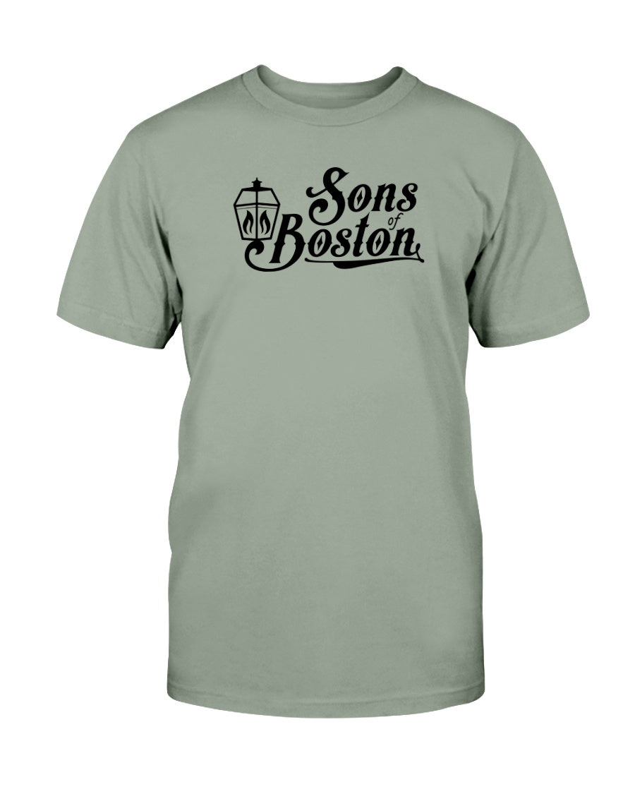 Sage green cotton crewneck t-shirt featuring a black Sons of Boston lantern logo graphic on the chest.