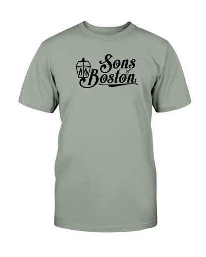 Sage green cotton crewneck t-shirt featuring a black Sons of Boston lantern logo graphic on the chest.