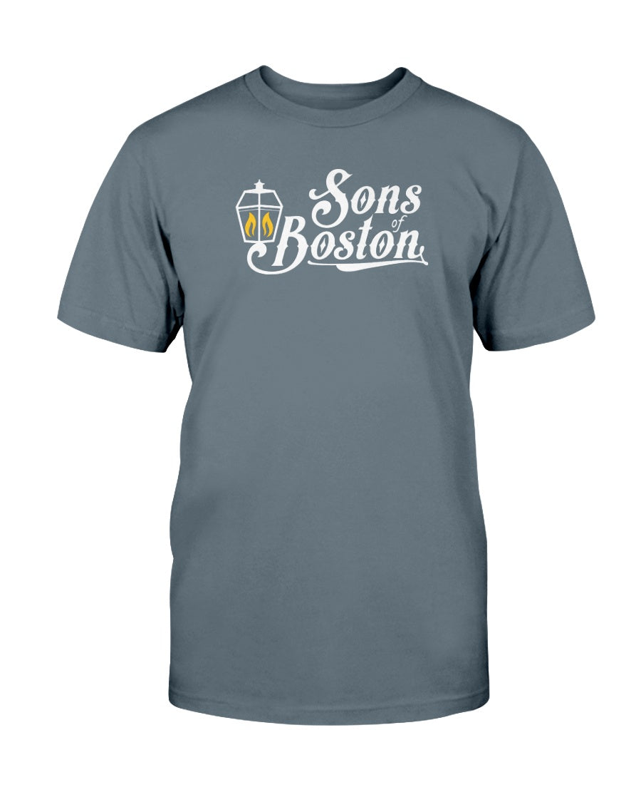 Slate grey crewneck t-shirt featuring a white Sons of Boston logo with a yellow lantern graphic on the chest.