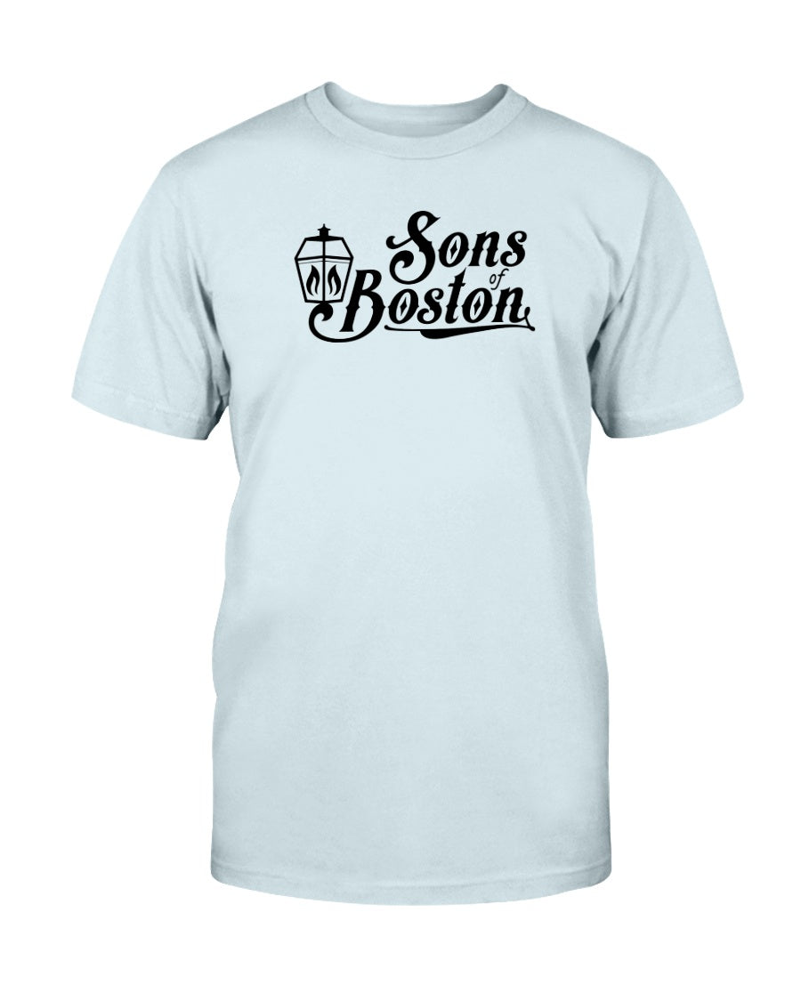 Light blue cotton crewneck t-shirt featuring a black Sons of Boston lantern logo graphic on the chest.