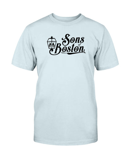 Light blue cotton crewneck t-shirt featuring a black Sons of Boston lantern logo graphic on the chest.