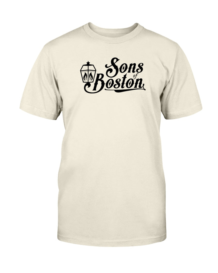 Cream-colored cotton crewneck tee featuring a black Sons of Boston lantern logo graphic on the chest.