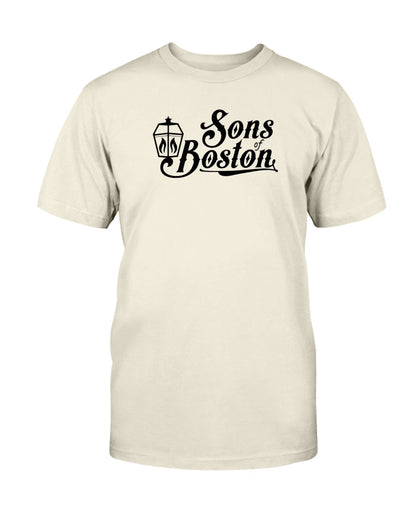 Cream-colored cotton crewneck tee featuring a black Sons of Boston lantern logo graphic on the chest.