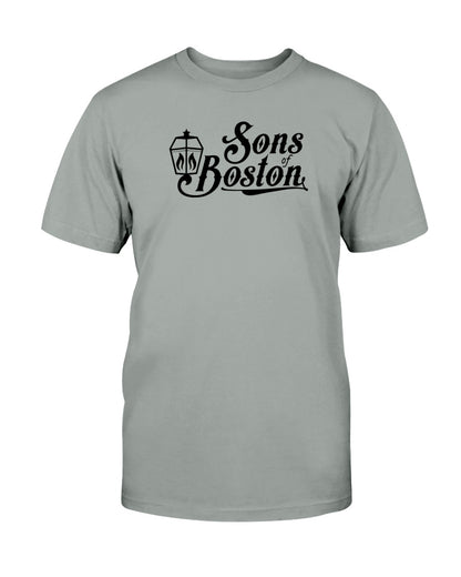 Grey cotton crewneck t-shirt featuring a black Sons of Boston lantern graphic on the chest.