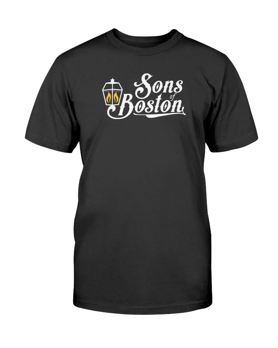 Black cotton crewneck t-shirt featuring a white Sons of Boston logo and a yellow lantern graphic on the chest.