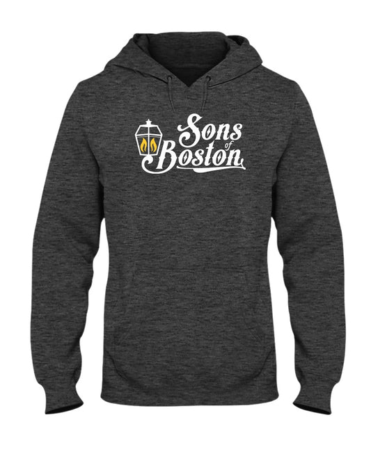 Charcoal grey midweight hoodie featuring a white Sons of Boston lantern logo, pouch pocket, and drawstring hood.