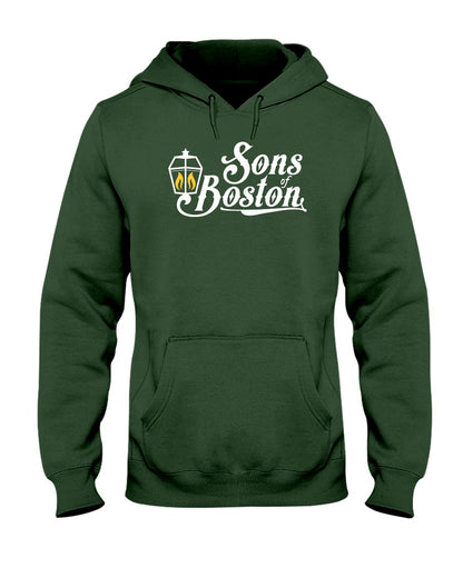 Forest green midweight pullover hoodie with a white Sons of Boston lantern graphic, pouch pocket, and drawstring hood.