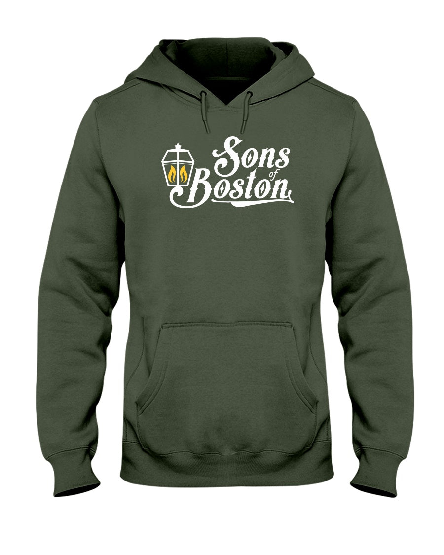 Olive green midweight unisex hoodie featuring a white Sons of Boston lantern graphic and front pouch pocket.