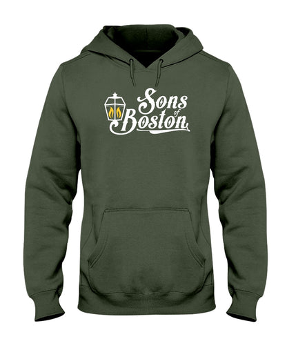 Olive green midweight unisex hoodie featuring a white Sons of Boston lantern graphic and front pouch pocket.