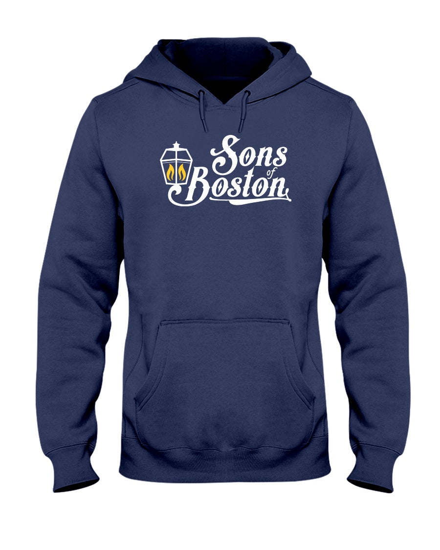 Navy blue midweight pullover hoodie featuring a white Sons of Boston lantern logo and a front pouch pocket.