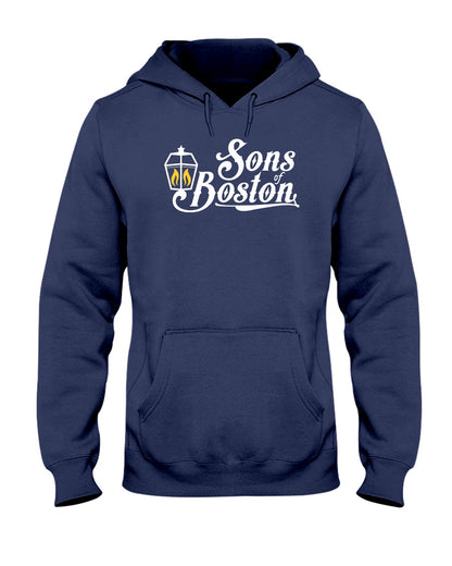 Navy blue midweight pullover hoodie featuring a white Sons of Boston lantern logo and a front pouch pocket.