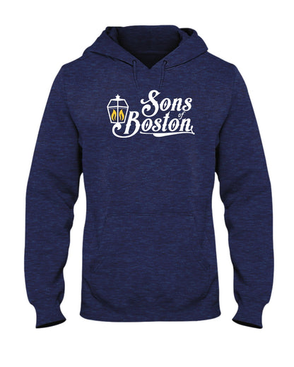 Navy blue heathered midweight hoodie with white Sons of Boston lantern logo, pouch pocket, and drawstring hood.