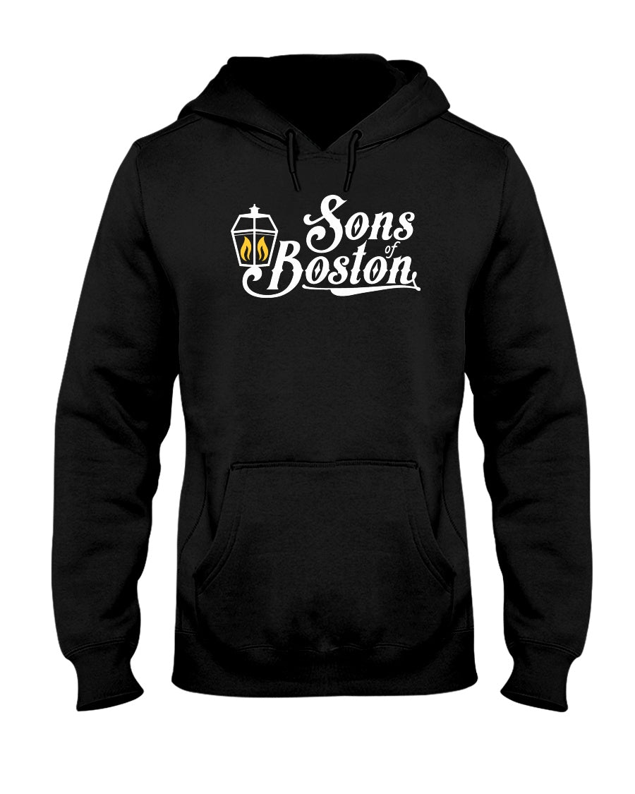Black midweight unisex hoodie featuring a white Sons of Boston lantern logo with yellow flames and a front pouch pocket.