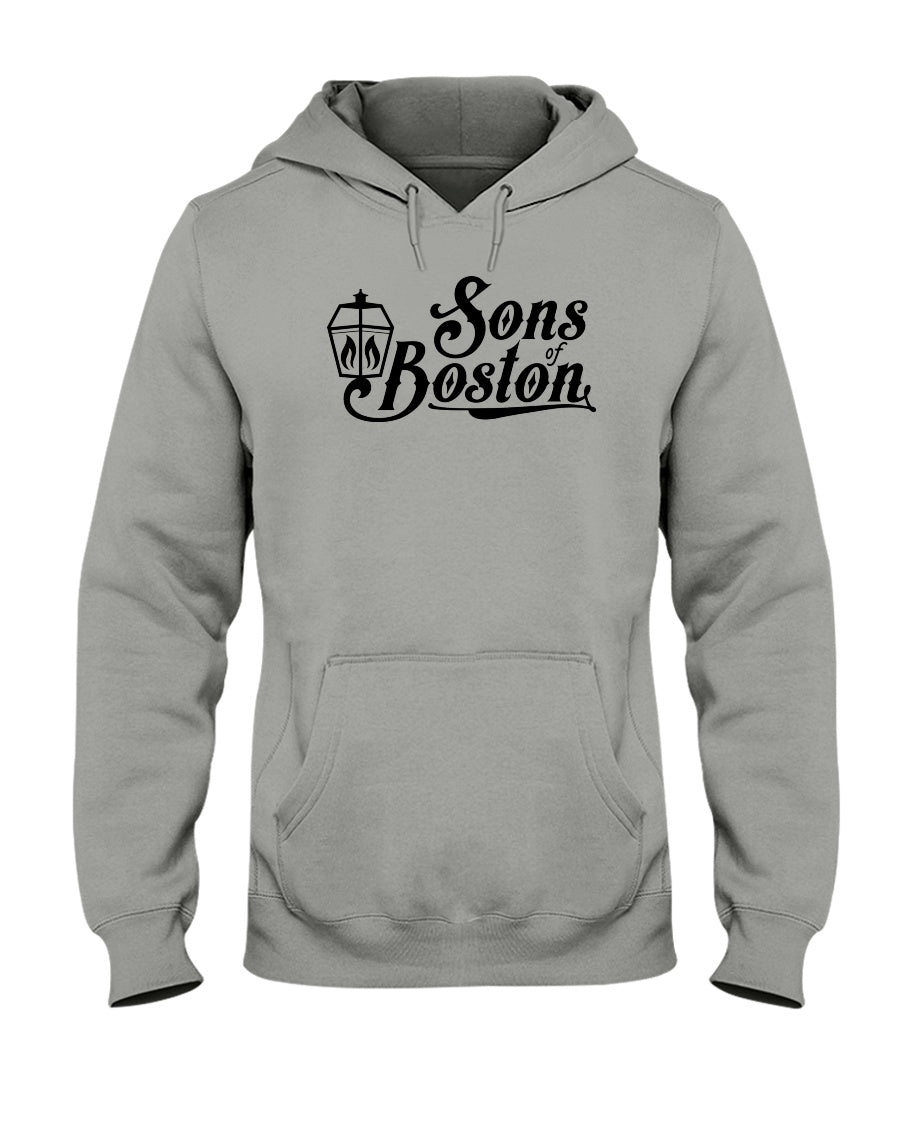 Grey midweight unisex hoodie featuring a black Sons of Boston lantern logo, pouch pocket, and drawstring hood.