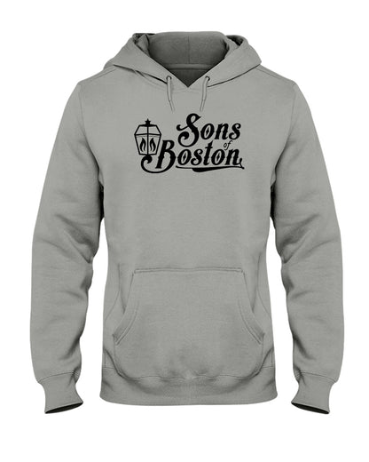 Grey midweight unisex hoodie featuring a black Sons of Boston lantern logo, pouch pocket, and drawstring hood.