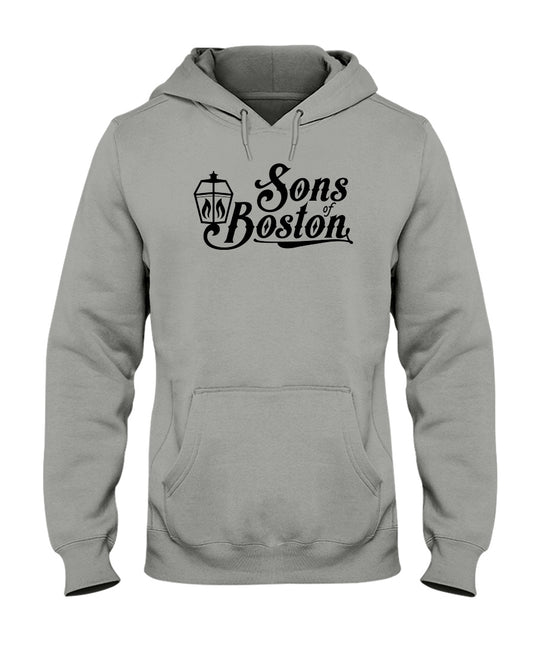 Grey midweight unisex hoodie featuring a black Sons of Boston lantern logo, pouch pocket, and drawstring hood.