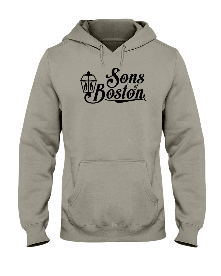 Grey midweight unisex hoodie featuring a black Sons of Boston lantern graphic, pouch pocket, and drawstring hood.