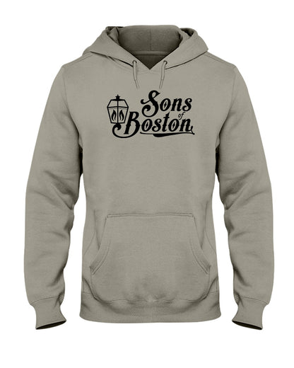 Grey midweight unisex hoodie featuring a black Sons of Boston lantern graphic, pouch pocket, and drawstring hood.