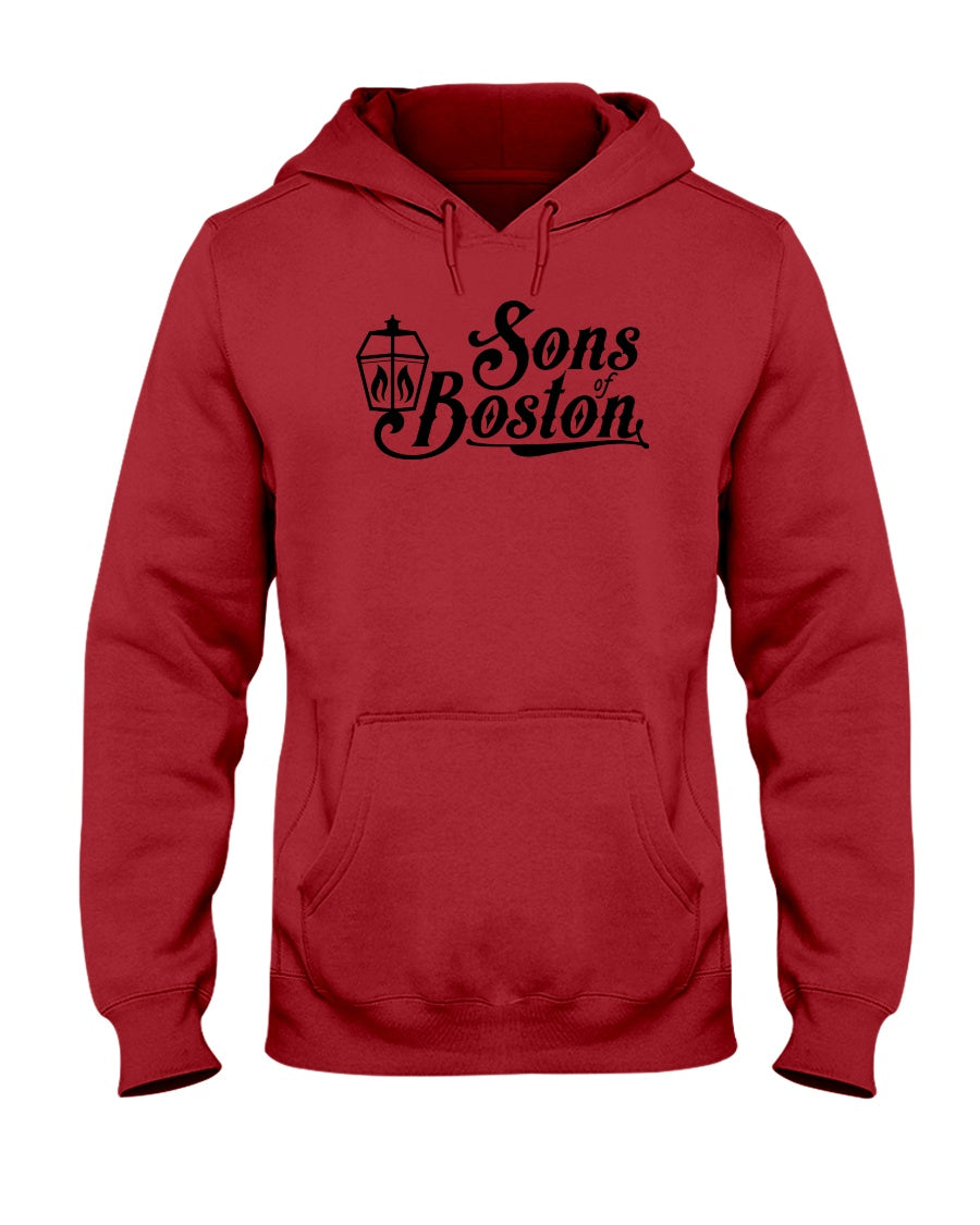Red midweight unisex hoodie featuring a black Sons of Boston lantern graphic, pouch pocket, and drawstring hood.