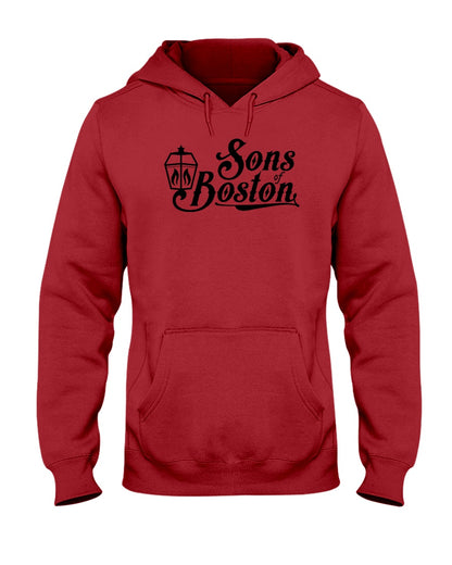 Red midweight unisex hoodie featuring a black Sons of Boston lantern graphic, pouch pocket, and drawstring hood.