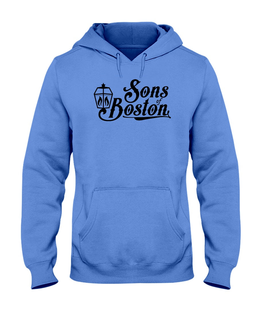 Blue midweight unisex hoodie featuring a black Sons of Boston lantern logo, pouch pocket, and matching drawcord hood.