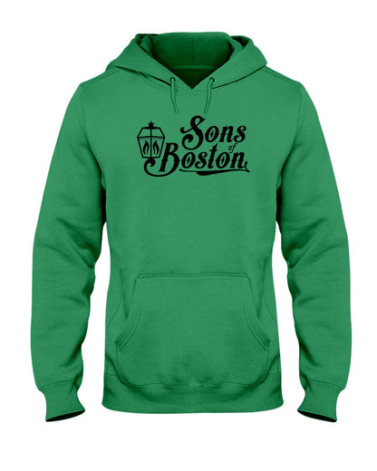Green midweight unisex hoodie featuring a black Sons of Boston lantern logo, pouch pocket, and drawstring hood.