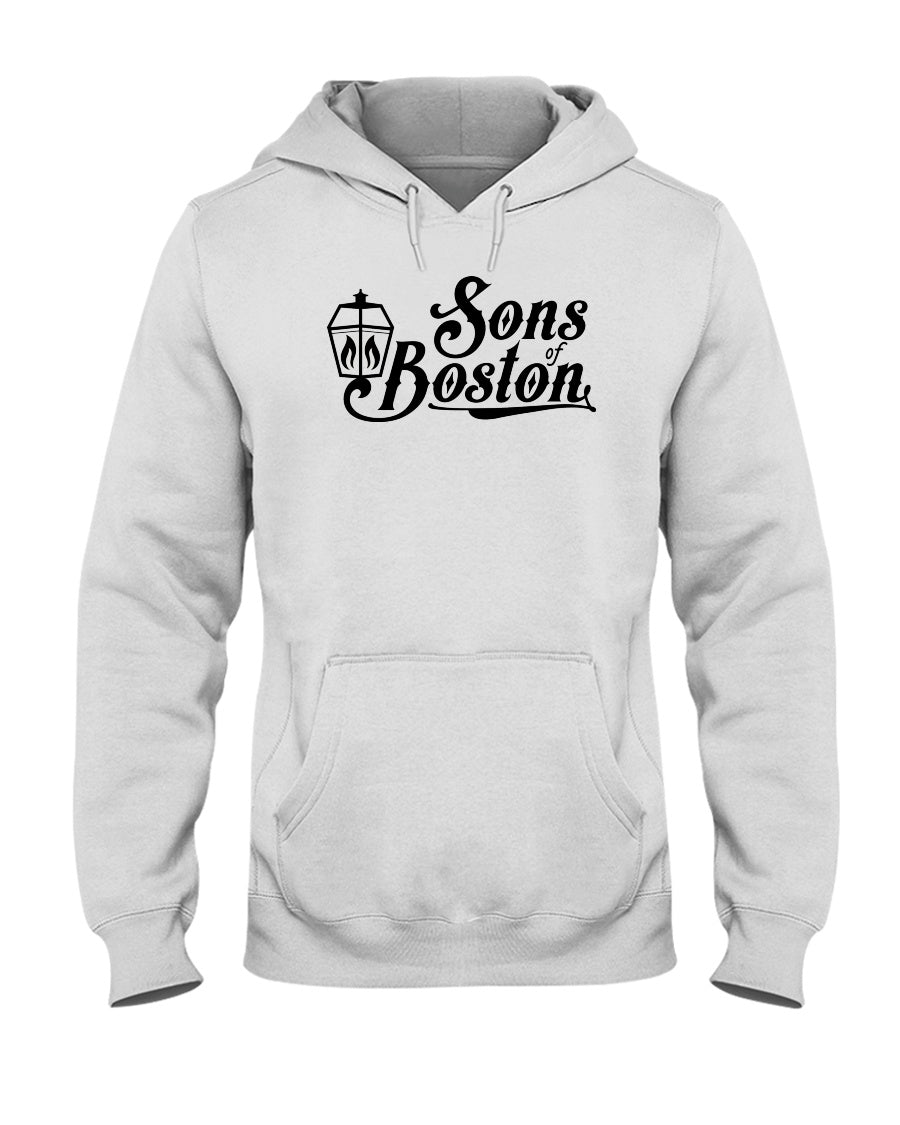 Light gray unisex midweight hoodie with a black Sons of Boston lantern graphic, pouch pocket, and drawstring hood.