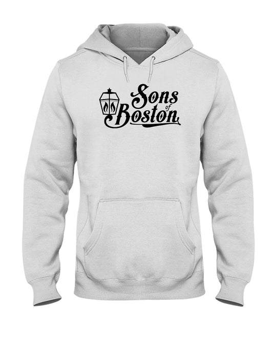 Light gray unisex midweight hoodie with a black Sons of Boston lantern graphic, pouch pocket, and drawstring hood.