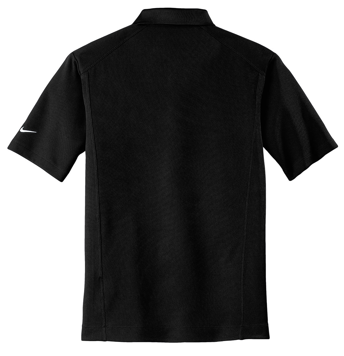 Back view of a black Nike Dri-FIT polo shirt featuring shoulder panels and an embroidered Swoosh on the left sleeve.