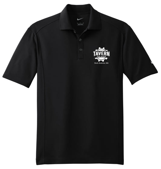 Black Nike Dri-FIT polo shirt with white Tavern on High logo, flat knit collar, and three-button placket.