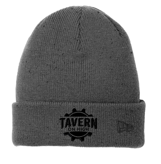 Dark gray speckled acrylic cuffed beanie with Tavern on High logo and embroidered New Era flag.