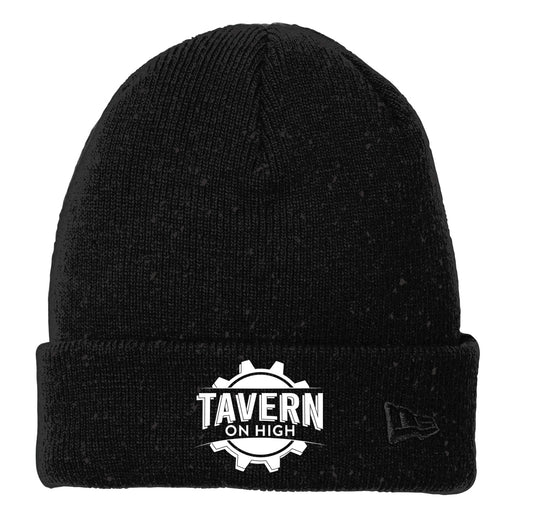 Black cuffed acrylic beanie with tonal speckles, Tavern on High logo, and embroidered New Era flag.