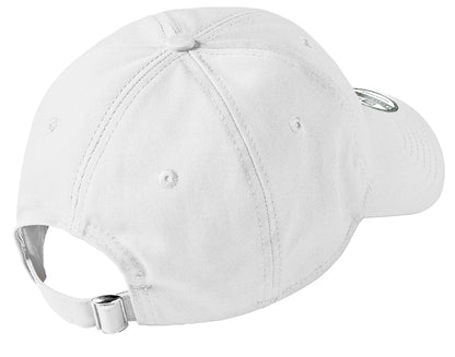 White unstructured cotton cap with a low profile and an adjustable fabric strap featuring a silver D-clip closure.