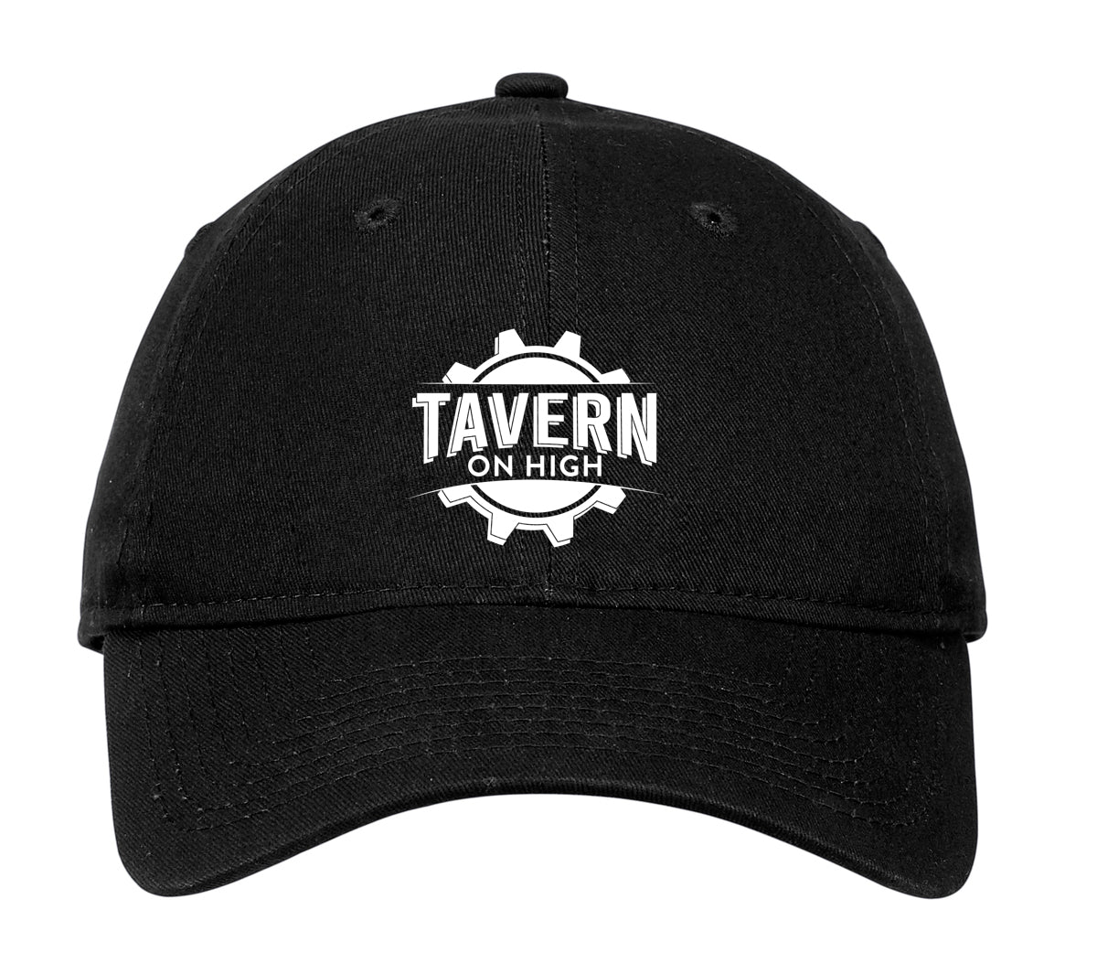 Black unstructured cotton cap featuring a white Tavern on High gear logo on the front.