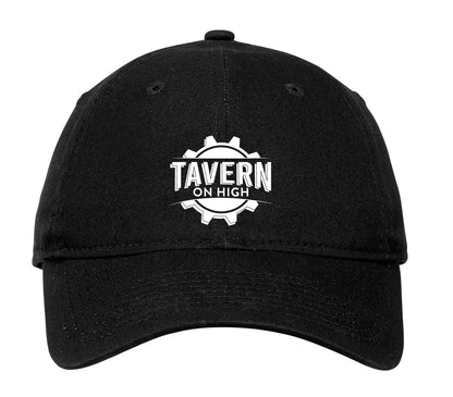 Black unstructured cotton cap featuring a white Tavern on High gear logo on the front.