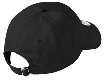 Black unstructured cotton cap with a low profile and an adjustable fabric strap featuring a silver D-clip closure.