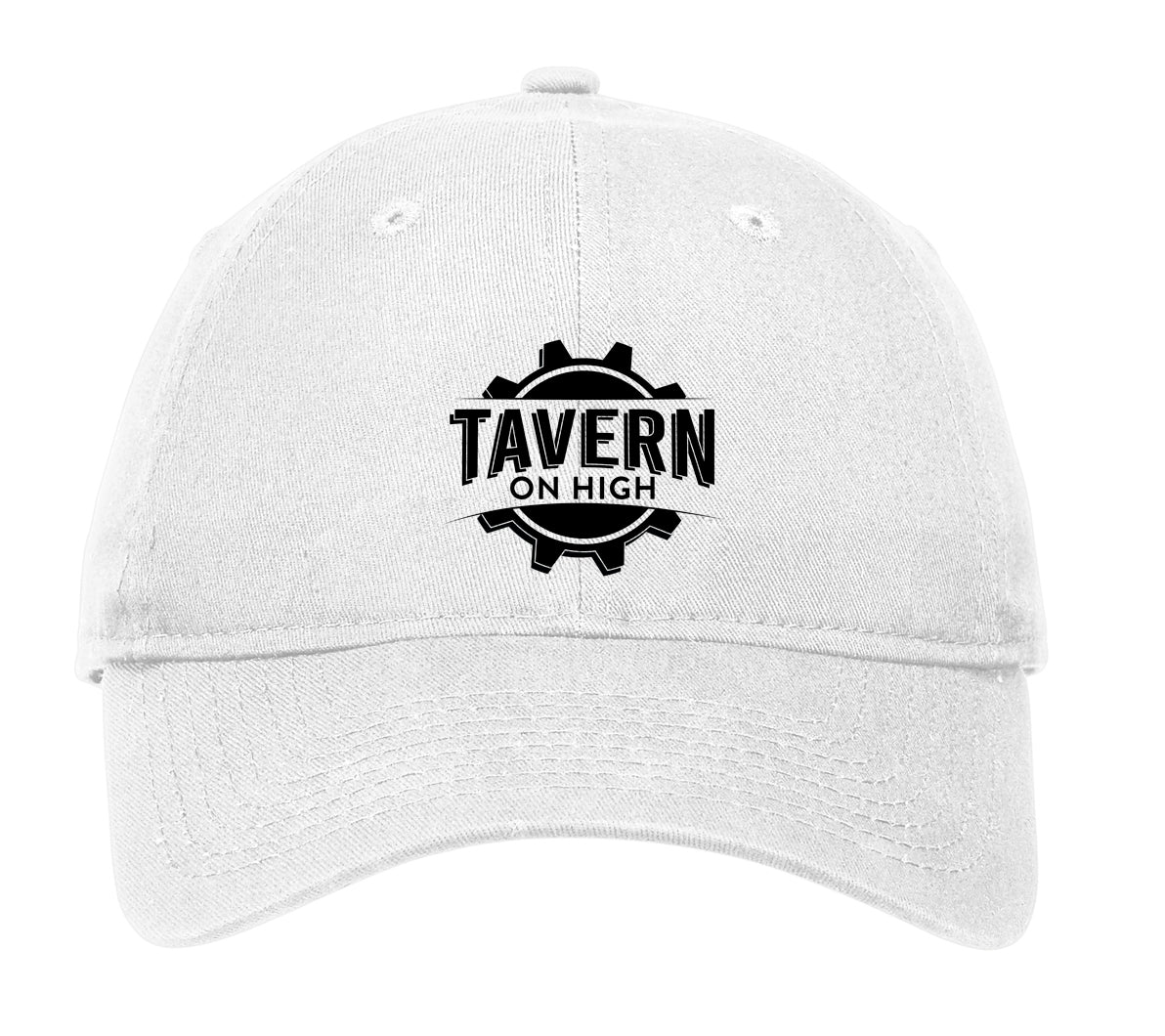 White unstructured cotton low-profile cap featuring a black Tavern on High gear logo on the front.