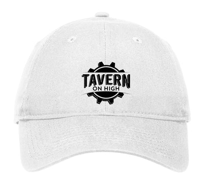 White unstructured cotton low-profile cap featuring a black Tavern on High gear logo on the front.