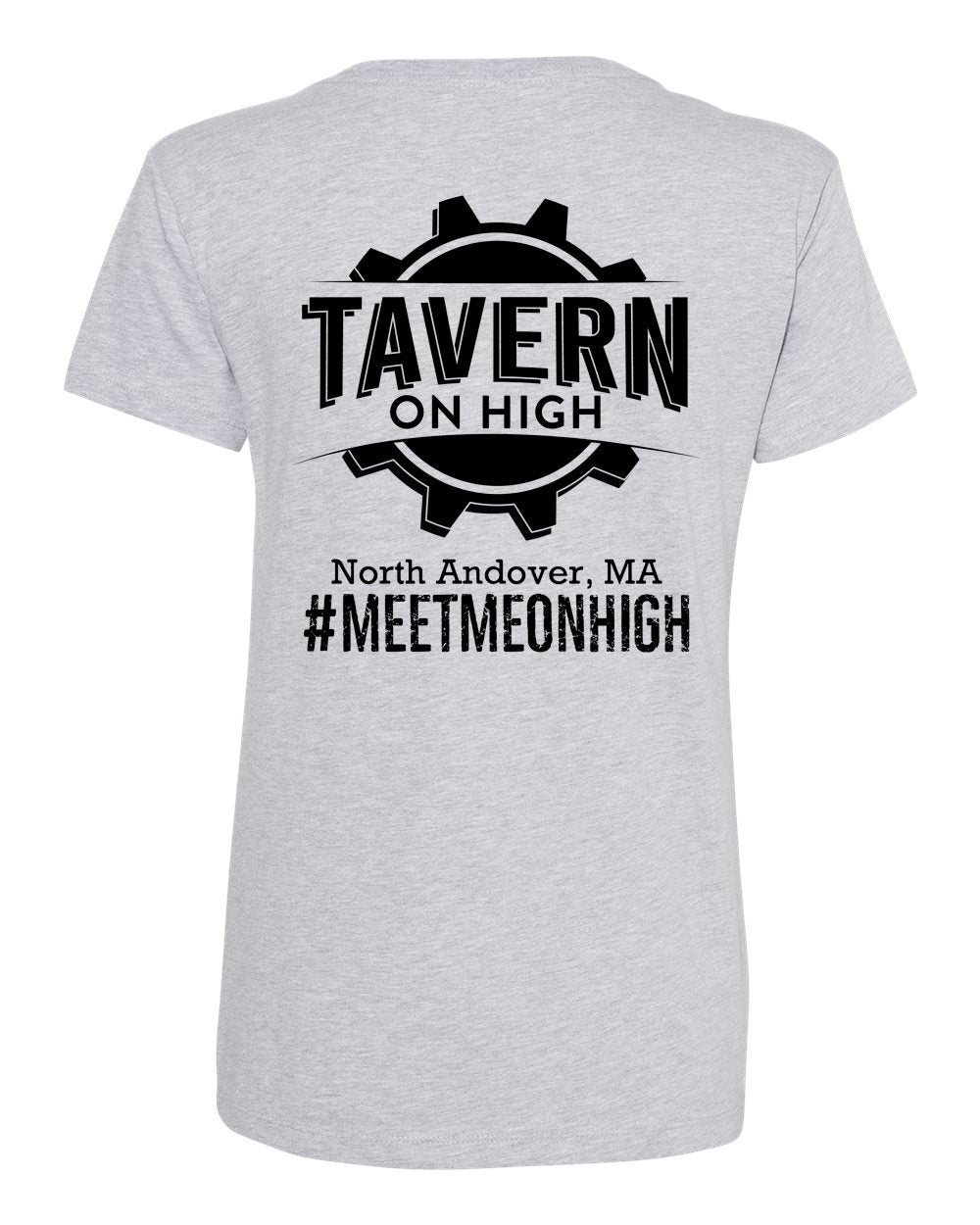 Heather grey women's cotton V-neck t-shirt featuring a black Tavern on High gear logo graphic on the back.