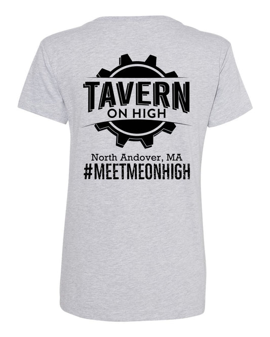 Heather grey women's cotton V-neck t-shirt featuring a black Tavern on High gear logo graphic on the back.