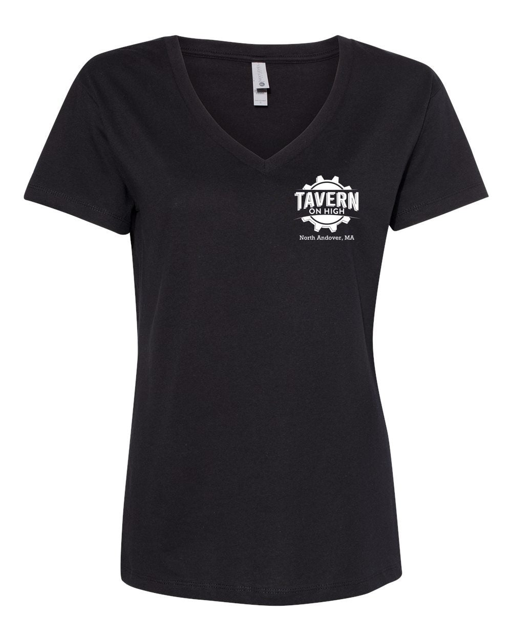 Black women’s cotton V-neck T-shirt featuring a white Tavern on High gear logo on the chest.