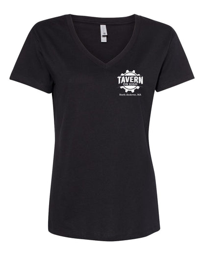 Black women’s cotton V-neck T-shirt featuring a white Tavern on High gear logo on the chest.
