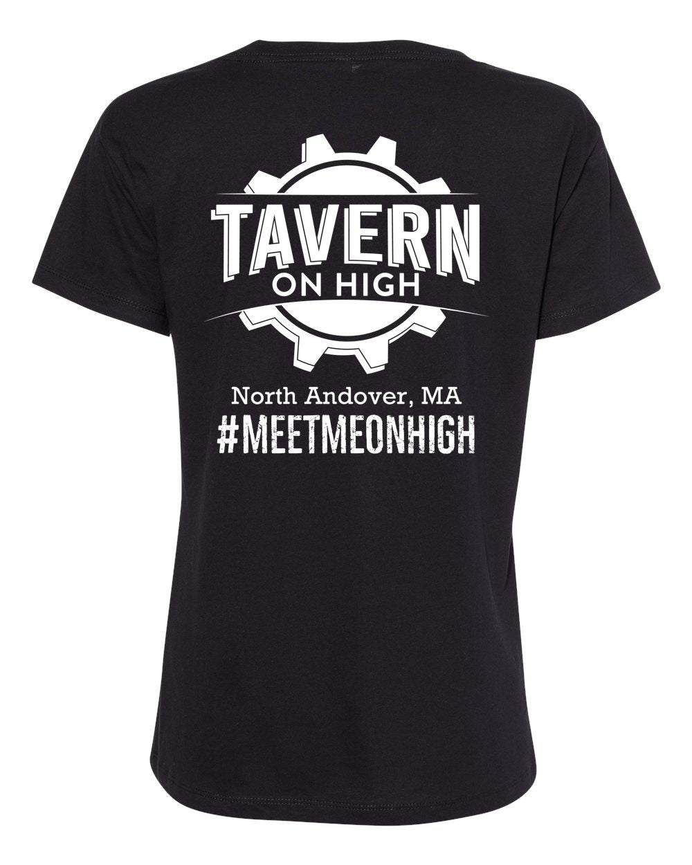 Black cotton women's V-neck t-shirt featuring a white Tavern on High gear logo graphic on the back.