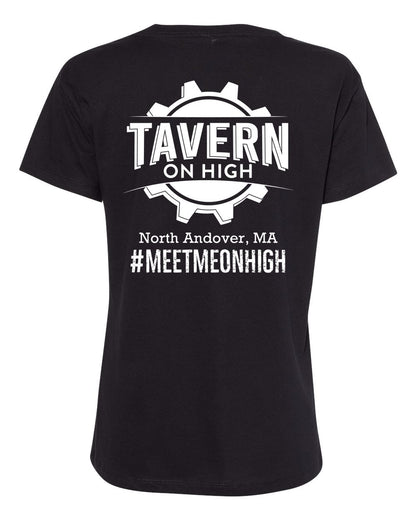 Black cotton women's V-neck t-shirt featuring a white Tavern on High gear logo graphic on the back.