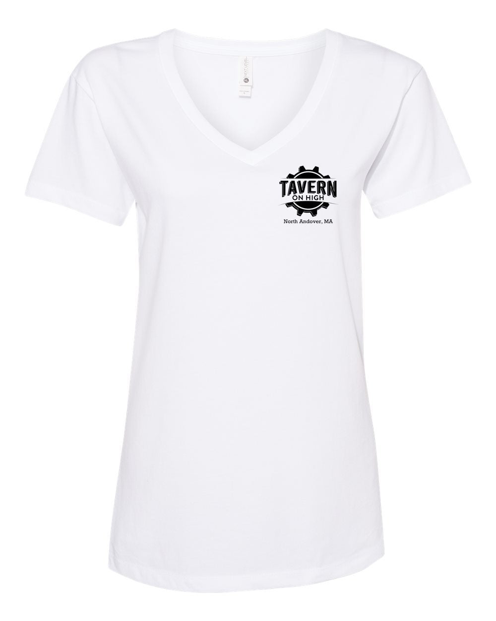 White women's cotton V-neck T-shirt with a black Tavern on High gear logo on the chest.