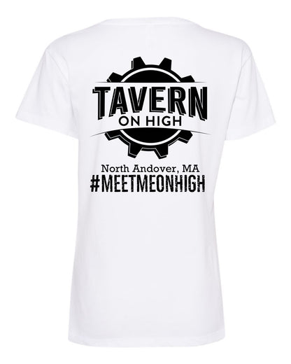 White women's cotton V-neck t-shirt featuring a black Tavern on High gear logo graphic on the back.