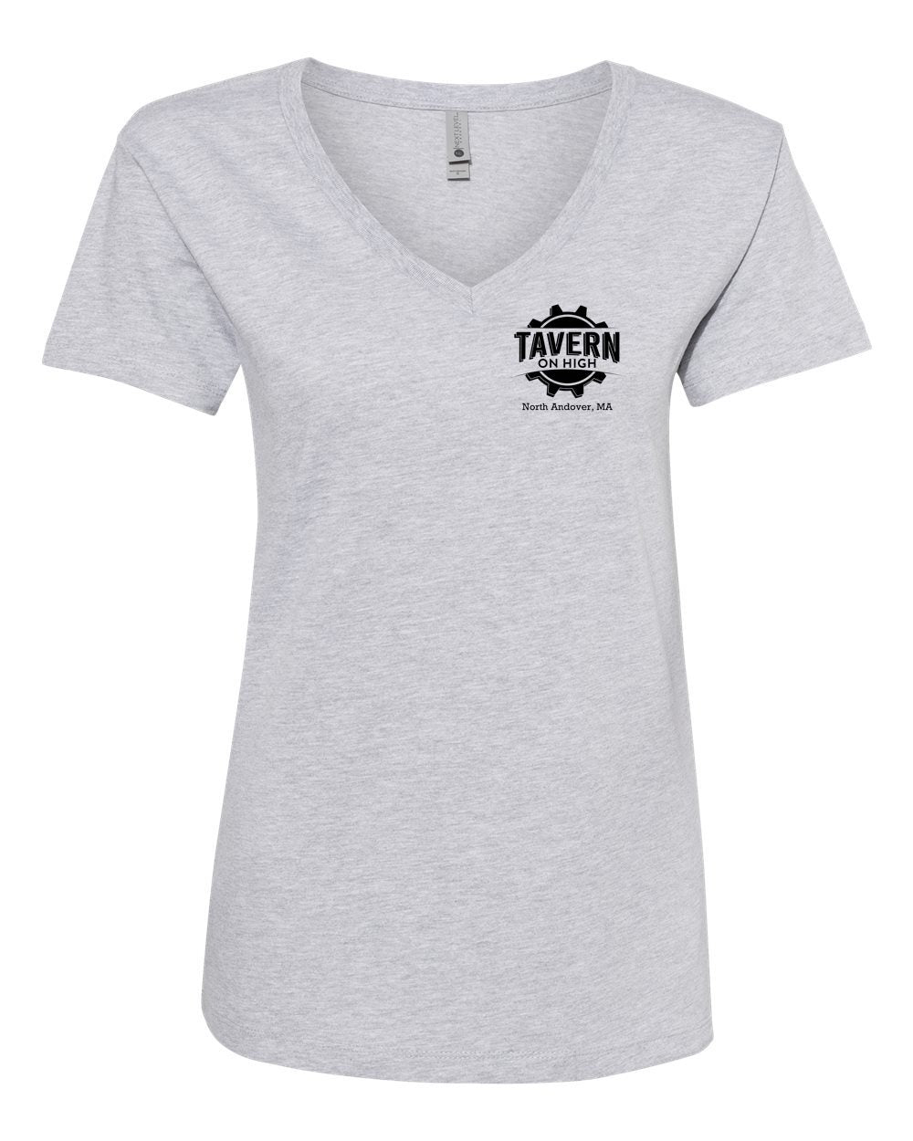 Heather grey cotton V-neck t-shirt with black Tavern on High logo on the left chest.