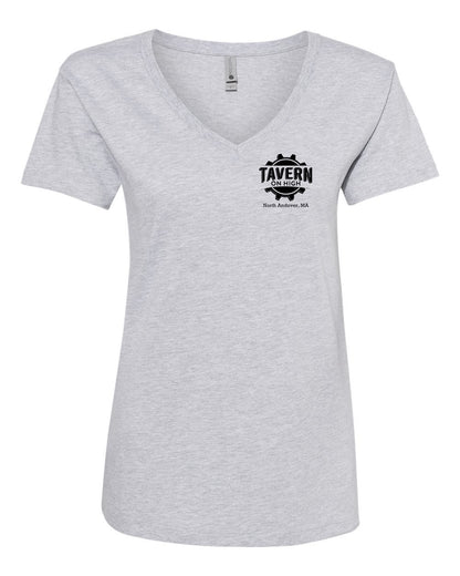 Heather grey cotton V-neck t-shirt with black Tavern on High logo on the left chest.